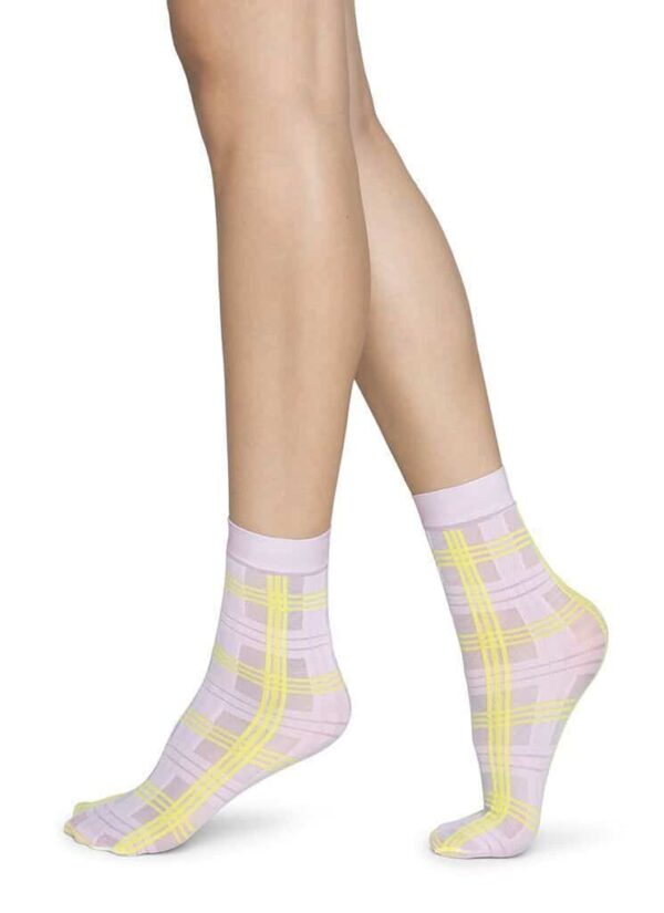 Swedish Stockings Greta Tartan Socks Light Pink Neon Yellow