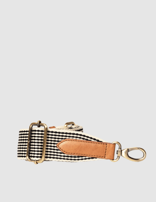 O MY BAG Black White Webbing Strap With Cognac Classic Leather